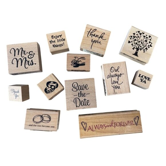Wooden Rubber Stamp Set Wedding Love Inspirational Themes - Picture 1 of 5